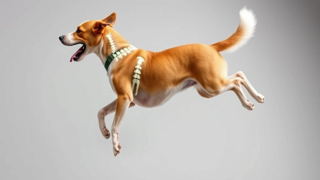 Playful dog mid-jump demonstrating flexibility and spinal movement, body curved and twisted in mid-air, showing the remarkable range of motion from multiple vertebrae, action shot