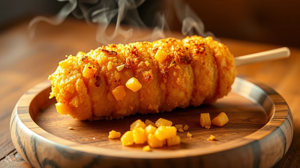 Golden crispy corn dog on a wooden plate with steam rising, close-up food photography style, warm lighting, no text or numbers visible