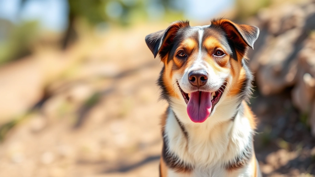 Happy medium-sized mixed breed dog sitting outdoors looking at camera with tongue out, sunny day, natural background, professional pet photography