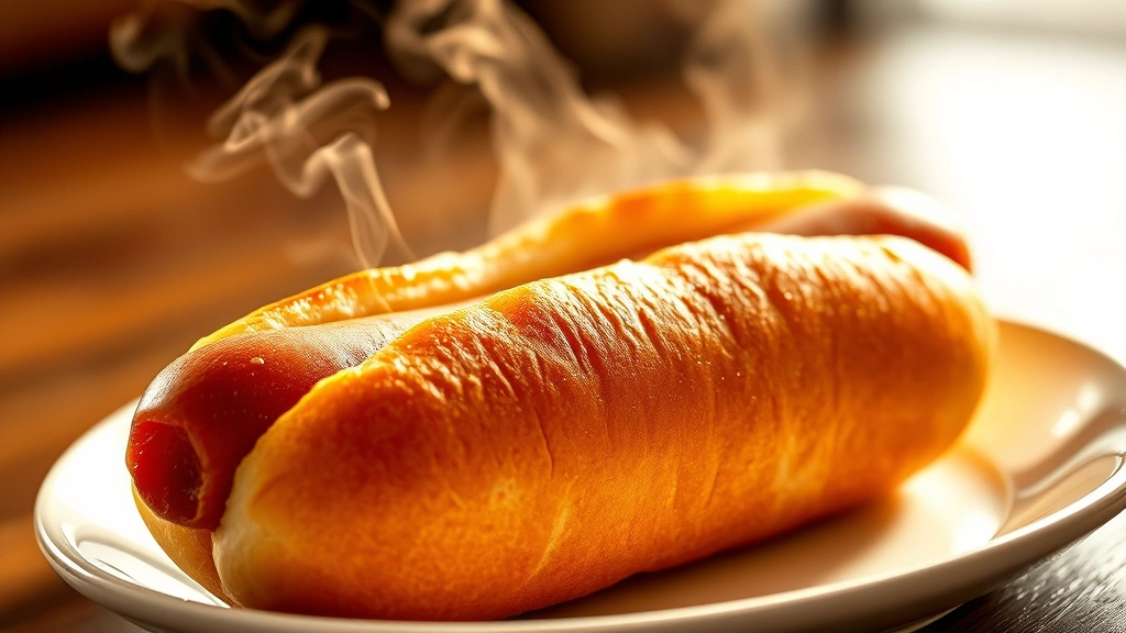 Photorealistic close-up of a golden-brown hot dog bun on a white plate, warm steam rising, soft texture visible, bakery-style lighting