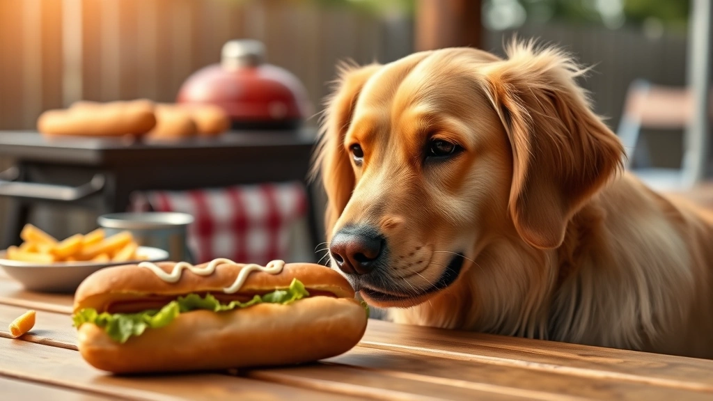Photorealistic golden retriever looking at a hot dog bun on a picnic table with blurred outdoor barbecue setting in background
