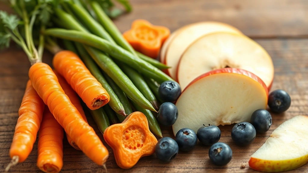 Photorealistic composition of healthy dog treats: fresh carrots, green beans, blueberries, and apple slices arranged on a wooden surface with natural daylight