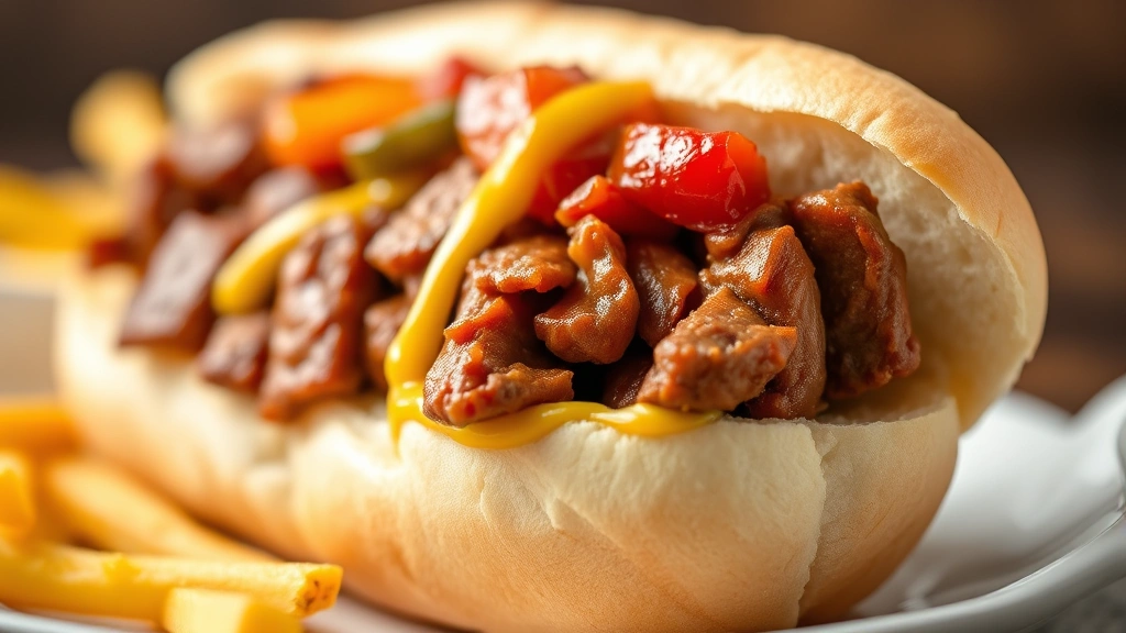 Close-up of a juicy quarter-pound beef hot dog on a white bun with mustard and relish, appetizing food photography style, shallow depth of field