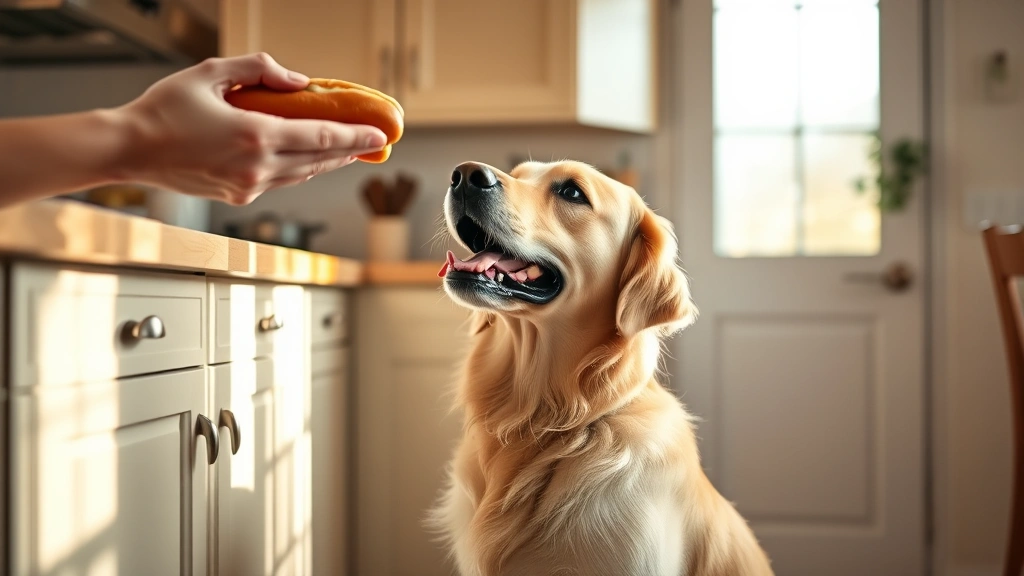 Happy golden retriever sitting politely at a kitchen counter looking up at a human holding a hot dog, warm natural lighting, genuine candid moment