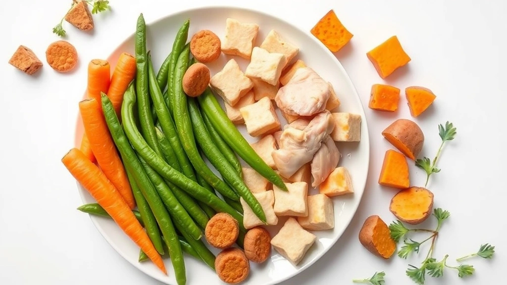 Overhead flat lay of healthy dog treats including carrots, green beans, chicken pieces, and sweet potato chunks arranged on a white plate, bright natural light