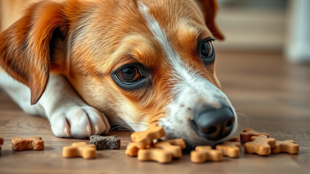 Close-up of a dog's face showing curious expression looking at various healthy dog treats scattered on a wooden surface