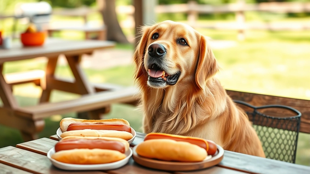 Golden retriever sitting at outdoor picnic table with hot dogs and buns, looking up with interested expression, summer barbecue setting