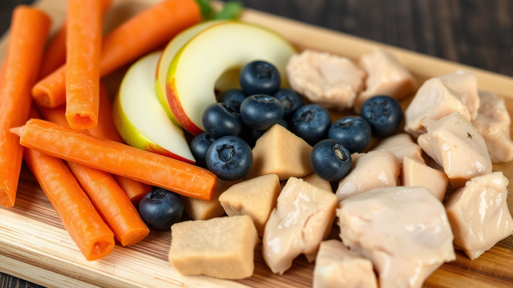 Close-up of various dog treat options on a wooden board: carrots, apple slices, blueberries, and plain cooked chicken pieces, natural lighting