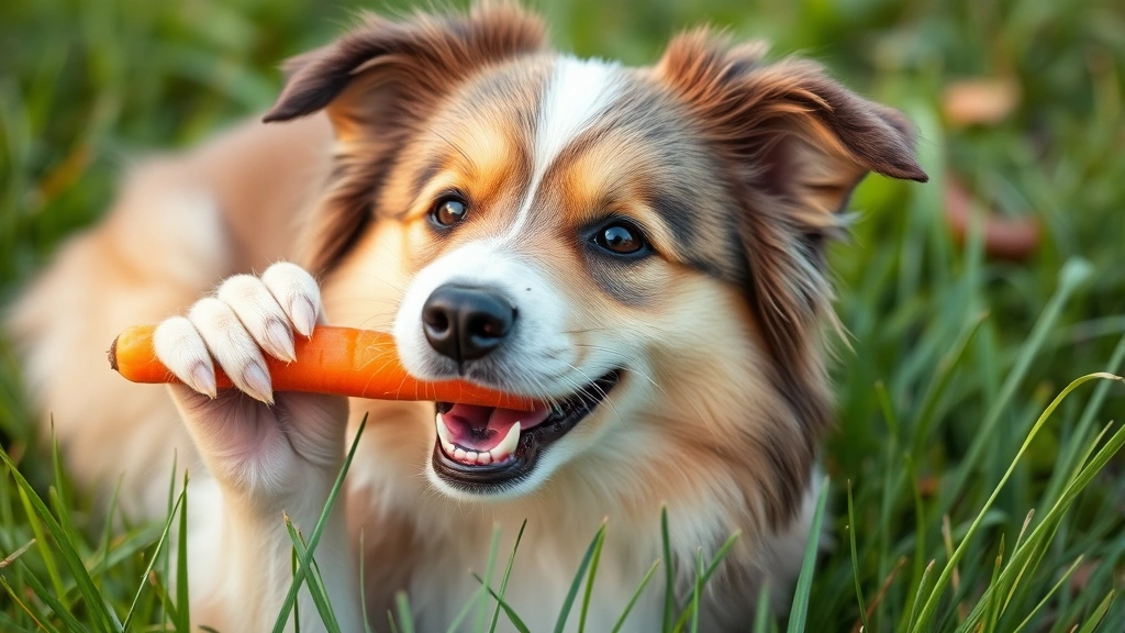 Fluffy dog with satisfied expression eating a carrot stick outdoors in grass, healthy snack alternative to bread products