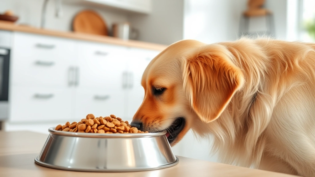 Golden Retriever eating from a stainless steel bowl filled with kibble, side profile view in bright natural kitchen lighting