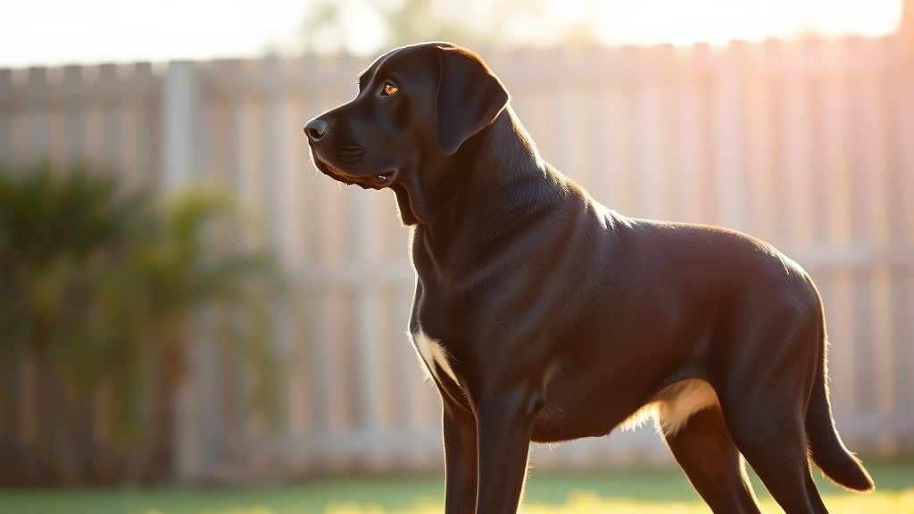 Healthy weight adult Labrador standing in profile showing ideal body condition with visible waist, in outdoor sunlit setting