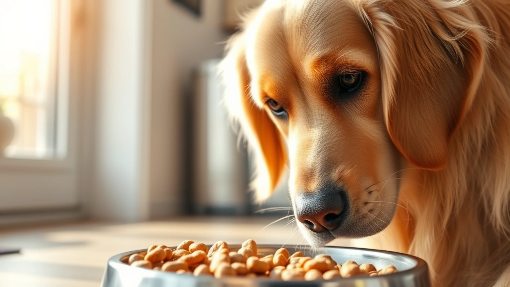 Close-up of a healthy golden retriever's face looking at a full food bowl with kibble, warm sunlight streaming through kitchen window, photorealistic.