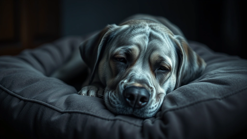 Senior gray-muzzled Labrador lying on a soft dog bed looking tired and unwell, dimly lit room conveying lethargy, photorealistic style.