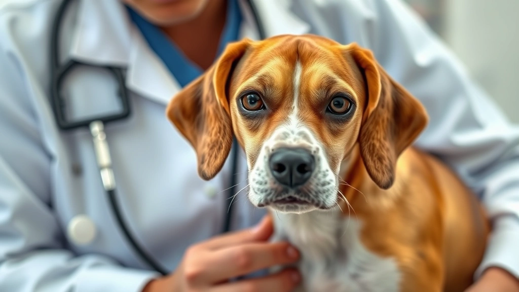 Veterinarian examining a thin beagle with concerned expression, stethoscope visible, clinical exam room setting, photorealistic photography.