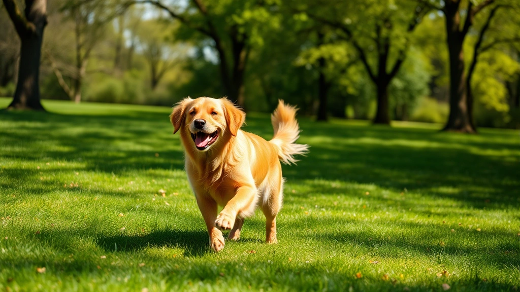 A golden retriever playing happily in a sunny park with green grass and trees in the background, tail wagging mid-motion, joyful expression