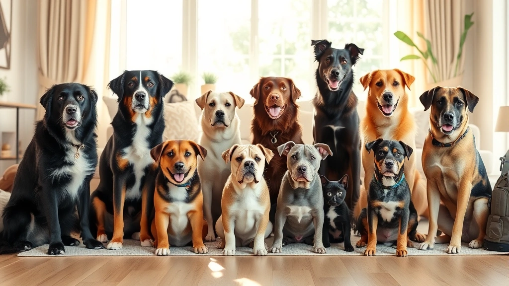 A diverse group of dogs of different breeds and sizes sitting together peacefully in a modern living room, sunlight streaming through windows