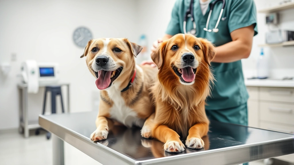 A veterinarian examining a happy dog on a stainless steel examination table with medical equipment visible in a bright, clean clinic setting
