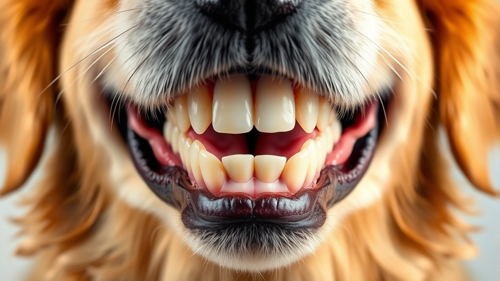 Close-up of a golden retriever's open mouth showing clean white teeth and pink healthy gums, professional studio lighting, realistic dental anatomy
