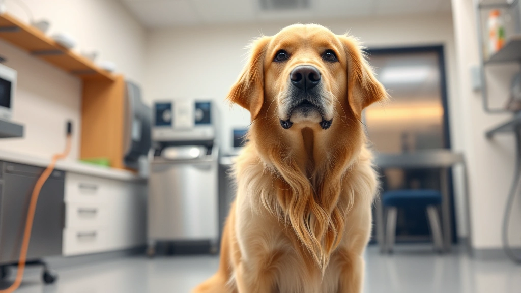 Golden Retriever sitting calmly in a modern veterinary clinic examination room with soft lighting and stainless steel equipment visible in the background