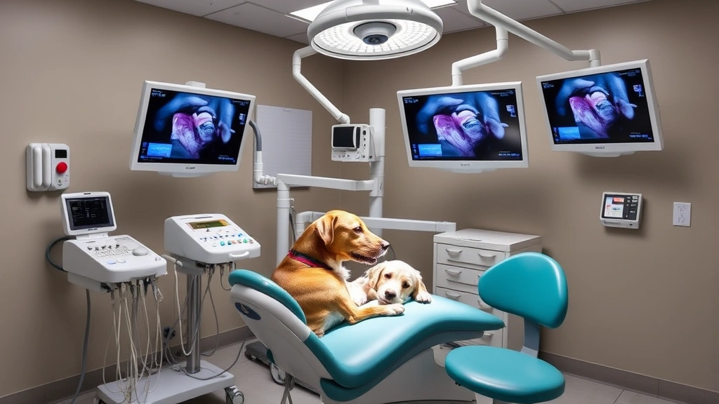 Veterinary dental operatory with ultrasonic scaler equipment and monitoring screens, professional medical environment, no people visible, clinical setting