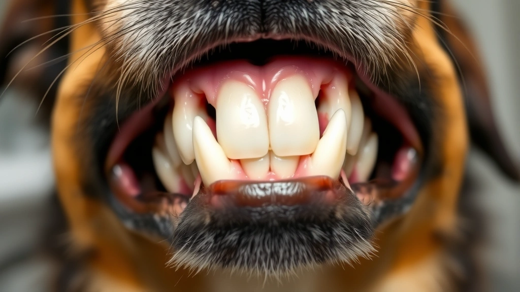 Close-up of a dog's open mouth showing clean white teeth and healthy pink gums after professional dental cleaning procedure