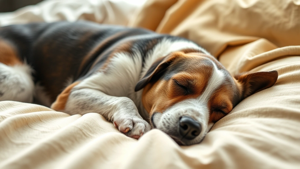 Senior dog peacefully sleeping on comfortable bedding during recovery, soft natural lighting, relaxed posture, home recovery environment