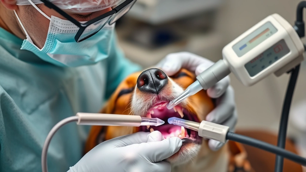 Veterinarian in surgical mask and gloves performing dental cleaning on an anesthetized dog using ultrasonic scaling equipment and suction tools