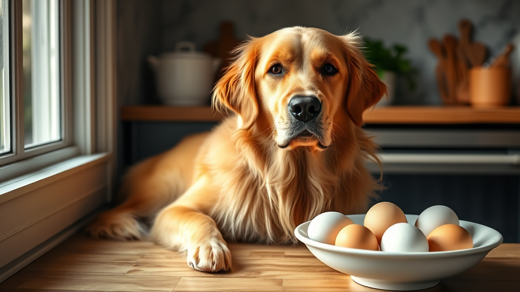 Golden retriever sitting beside fresh eggs in kitchen bowl, natural lighting, no text no words no letters