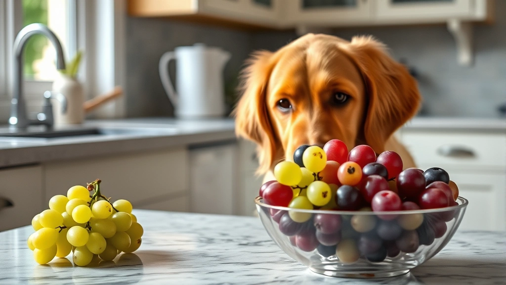 A golden retriever looking at a bowl of fresh red and green grapes on a kitchen counter, with concerned expression, natural lighting