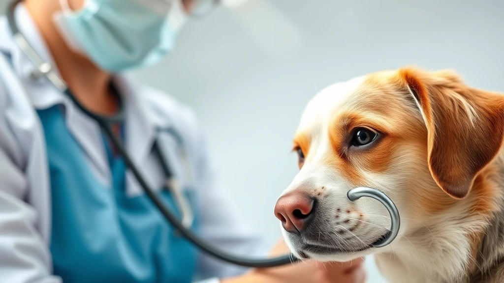 Close-up of a veterinarian examining a sick dog with stethoscope in a bright clinic setting, showing professional medical care