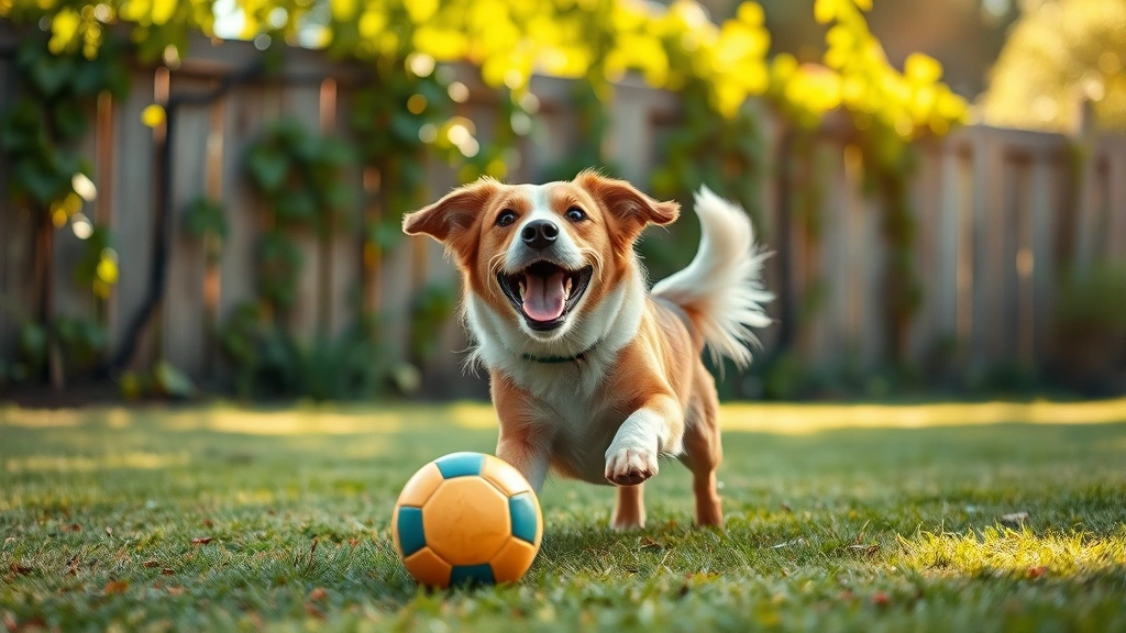 A happy dog playing with a ball in a sunny backyard with grapevines visible on a fence in soft focus background