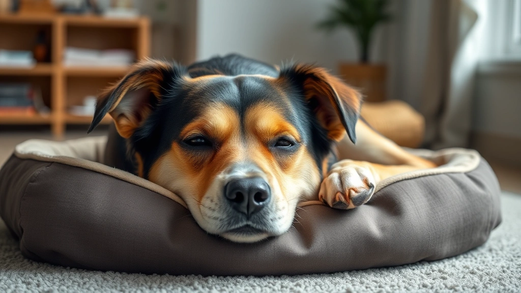 Adult female dog resting peacefully on a comfortable dog bed, calm and content expression, indoor setting with soft natural lighting