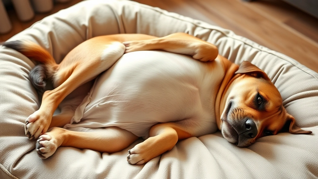 Pregnant dog with slightly enlarged abdomen, lying comfortably on cushioned bed, gentle and nurturing pose, warm home environment