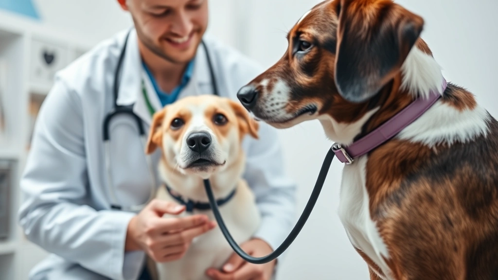 Veterinarian examining a dog during health checkup, stethoscope in use, professional medical setting, caring interaction between vet and dog
