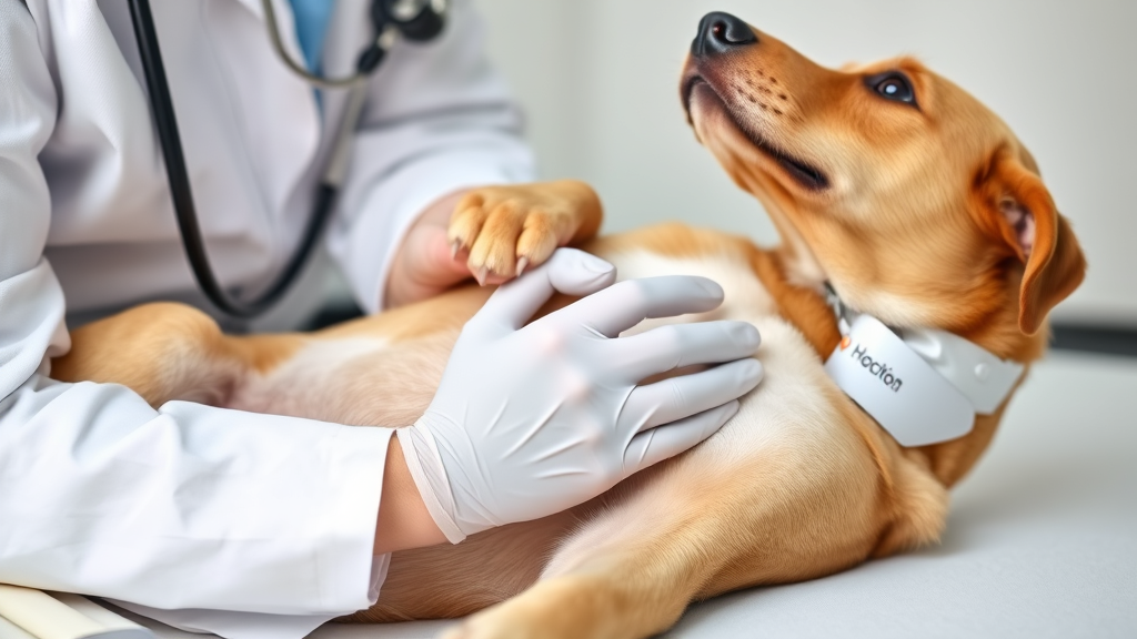 Veterinarian examining dog belly during health checkup with stethoscope nearby, no text no words no letters