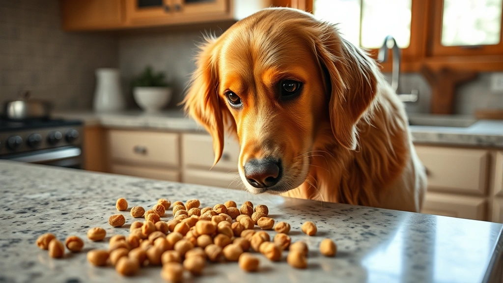 Golden retriever looking at scattered raisins on a kitchen counter, curious expression, natural lighting from window