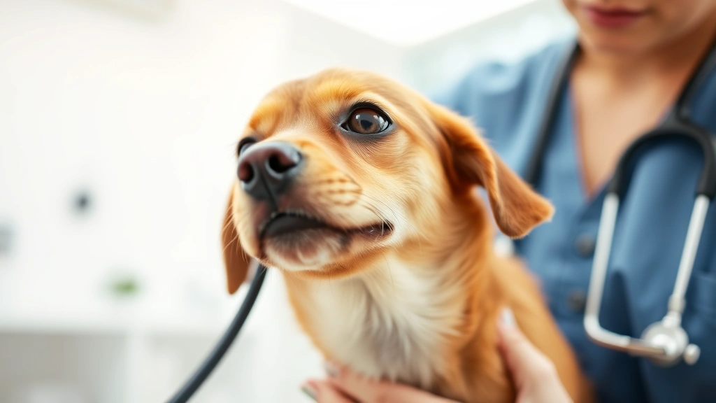 Close-up of a veterinarian examining a small brown dog with a stethoscope in a bright clinic room
