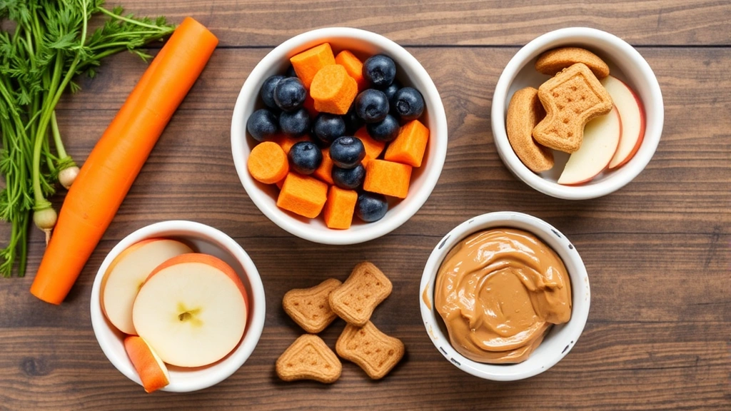 Flat lay of safe dog treats including carrots, blueberries, apple slices, and peanut butter in small bowls on a wooden surface