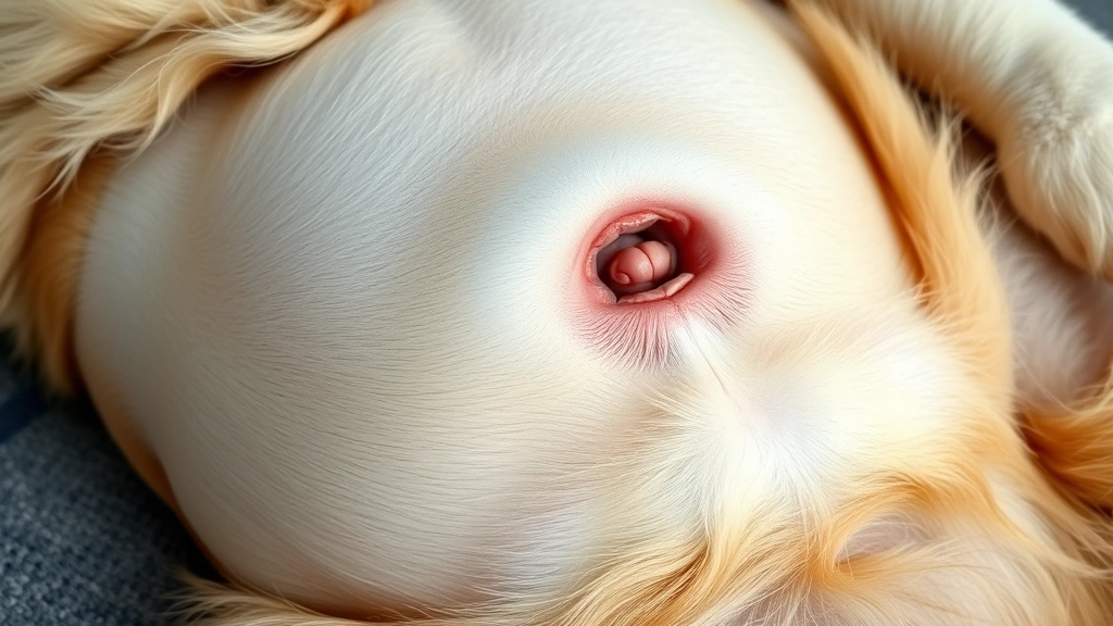Close-up of a pregnant female dog's abdomen showing developing mammary glands, photorealistic style, golden retriever lying down