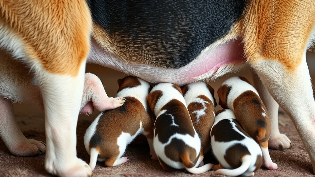 Nursing mother dog with puppies suckling, showing teat structure clearly, photorealistic image of healthy lactating dog