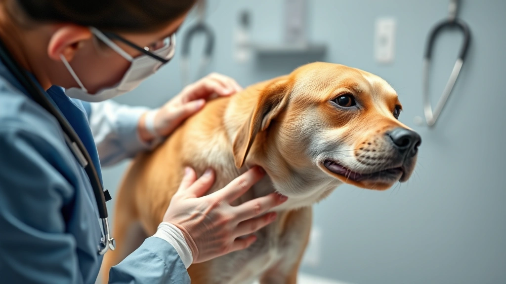 Veterinarian examining a female dog's mammary glands during health check, clinical setting, photorealistic medical examination scene