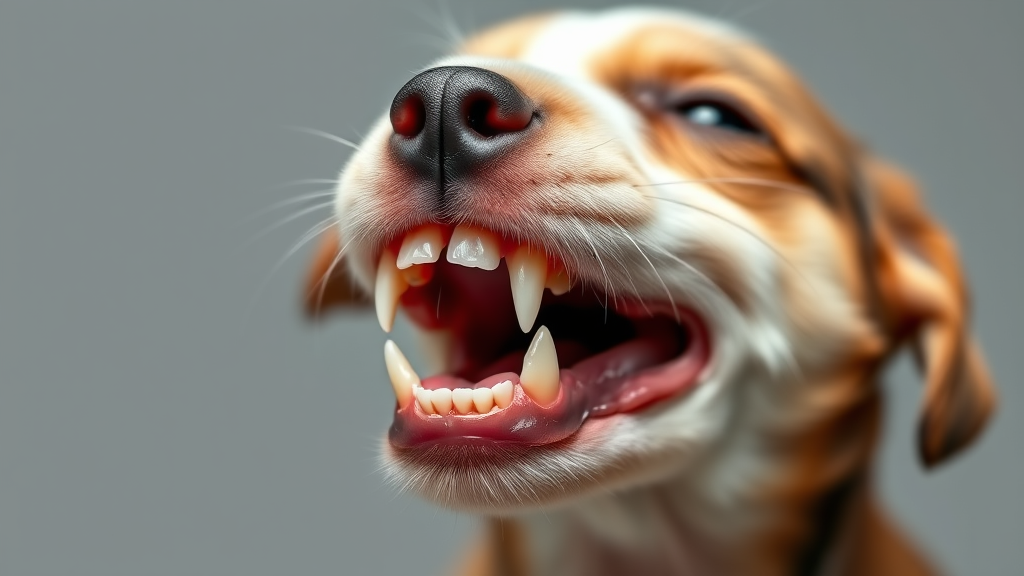 Puppy teething with small deciduous teeth visible, young dog mouth anatomy, veterinary dental chart, no text no words no letters