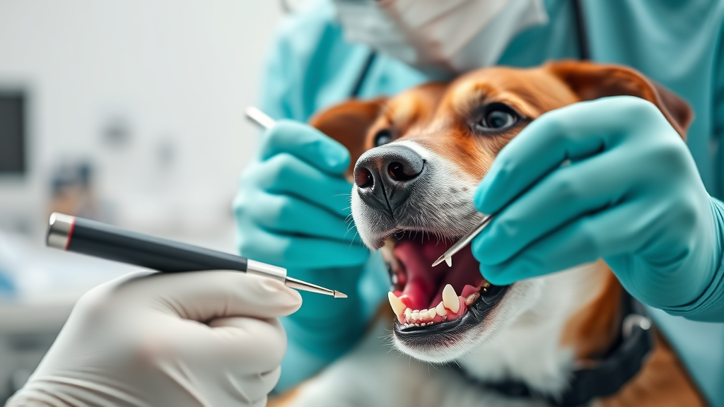 Veterinarian examining dog teeth with dental tools, professional medical setting, bright clinical lighting, no text no words no letters