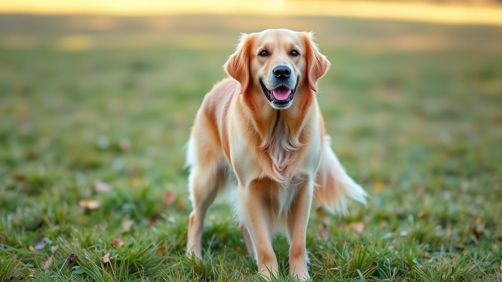 Golden Retriever standing outdoors in a grassy field during daytime, alert and healthy-looking posture
