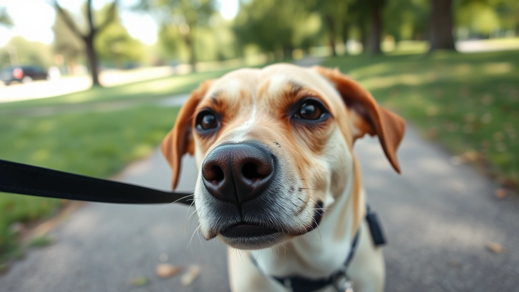 Close-up of a dog's face showing calm, comfortable expression while walking on a leash through a park pathway