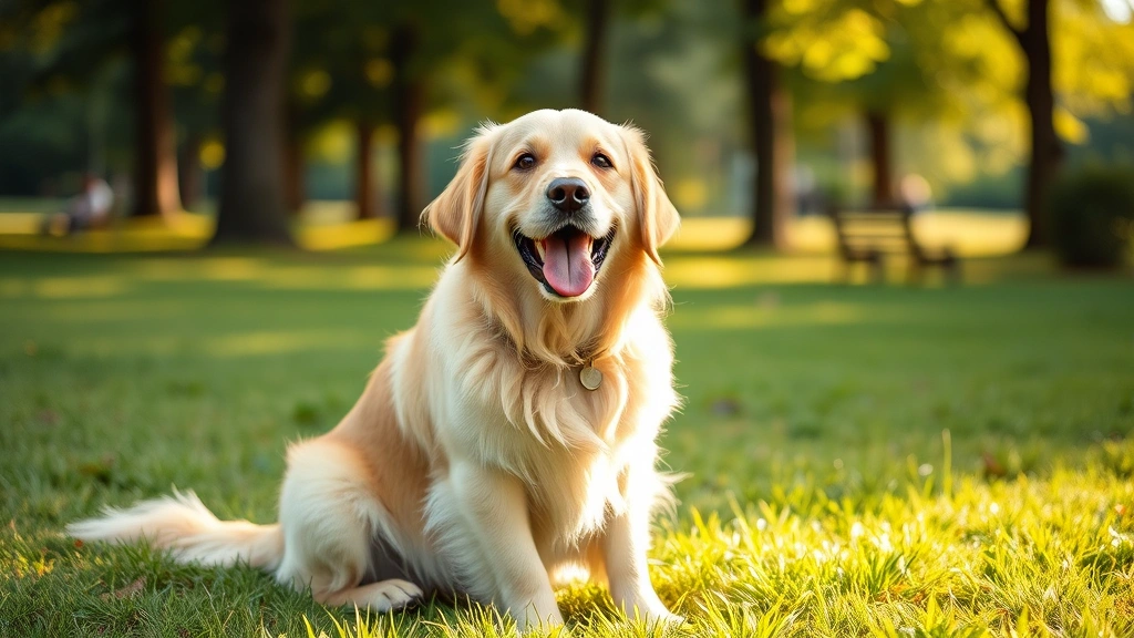 Happy adult golden retriever sitting outdoors in a grassy park during daytime, alert and healthy expression, natural lighting