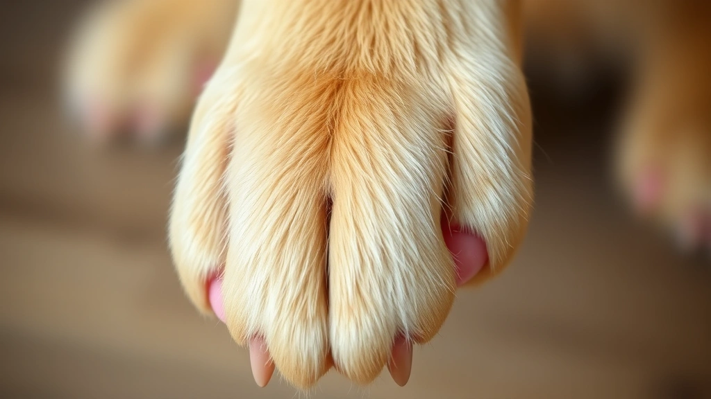 Close-up of a golden retriever's front paw showing five toes and pink paw pads, photorealistic style, clear detail of toe structure