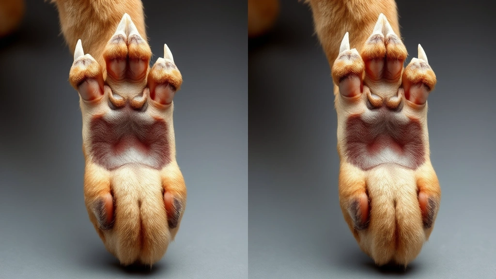 Side-by-side comparison of dog front paw and hind paw anatomy, photorealistic, showing different toe structures clearly