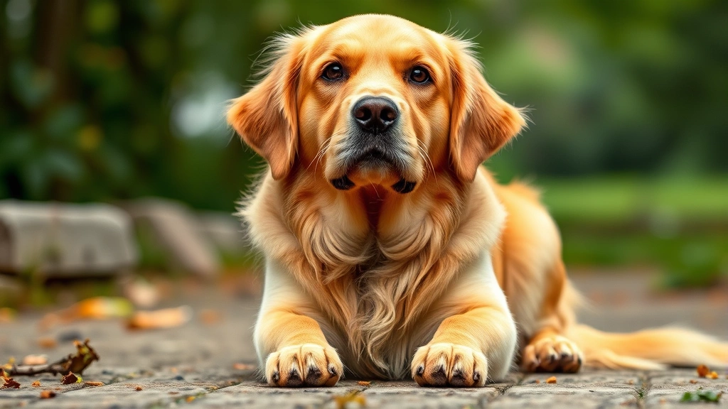 Golden retriever sitting with paws extended forward, showing all four paws clearly visible, photorealistic outdoor setting
