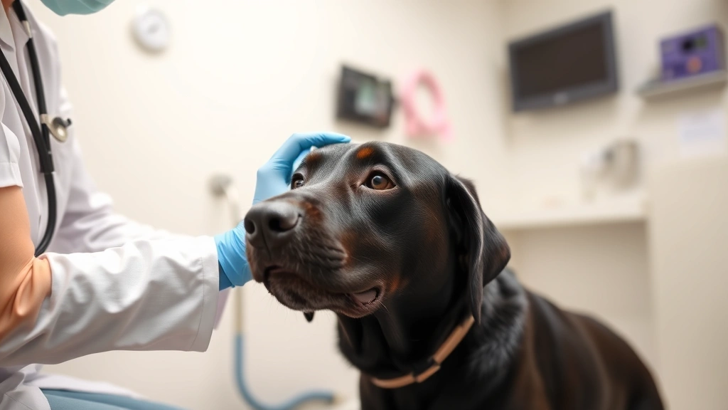 Adult Labrador Retriever receiving vaccination shot from veterinarian in modern animal hospital examination room